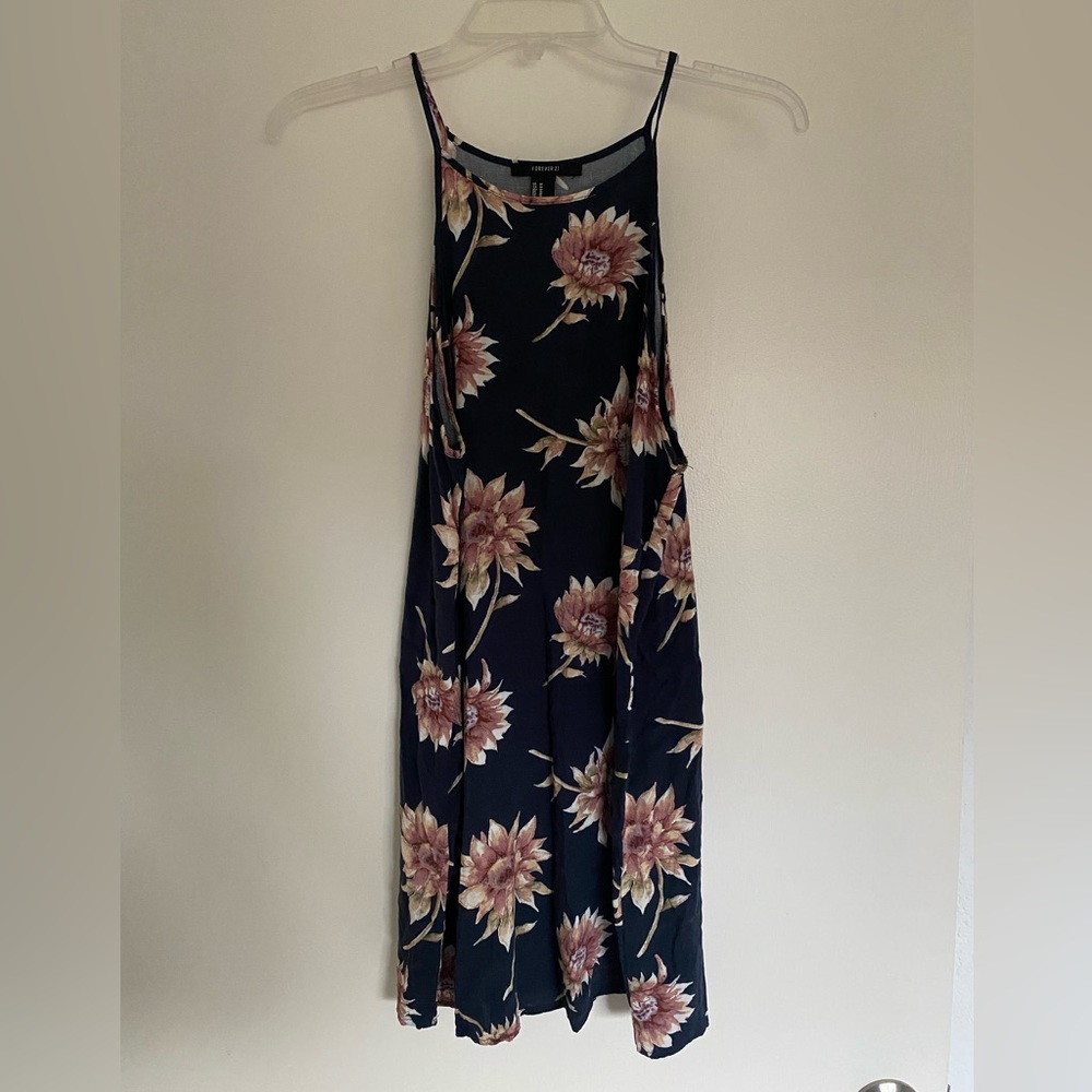 Navy Blue A-Line Floral Dress